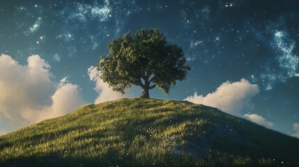 Lone Tree on Starry Hilltop Under a Fantasy Sky. AI generated illustration