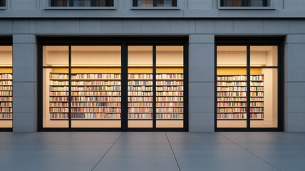 Modern library exterior featuring large glass windows and books.