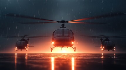 Three helicopters fly in formation during dramatic, rainy night, illuminated by warm glow. scene captures intensity and precision of their flight