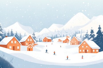 Naklejka premium scenic illustration of a winter ski resort, with cozy cabins, snow-covered slopes, and skiers enjoying the fresh powder, minimal background with copy space