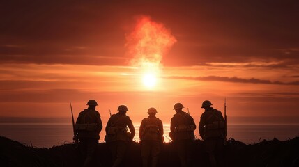 Silhouetted soldiers stand in trench at sunset, creating dramatic scene. fiery sky and ocean backdrop highlight their helmets and rifles, evoking sense of history and bravery