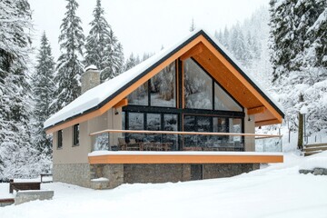 Christmas vacation - ski chalet at a winter resort, with a large deck, panoramic windows, and a snowy backdrop