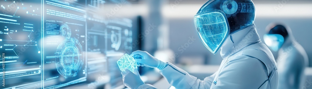 Poster innovative technology concept with digital interfaces and robots.