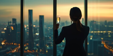Fototapeta premium Empowered boss woman strategically plans for success while celebrating achievements at sunset