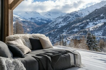 ski resort christmas vacation destination - terrace of a chalet hotel in the Alps, with comfortable seating, blankets, and views of a snow-covered valley