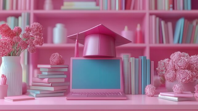 online learning environment featuring stacked books, a graduation cap, and a laptop, all rendered in 3d. the empty space invites customization for educational content or personal messages