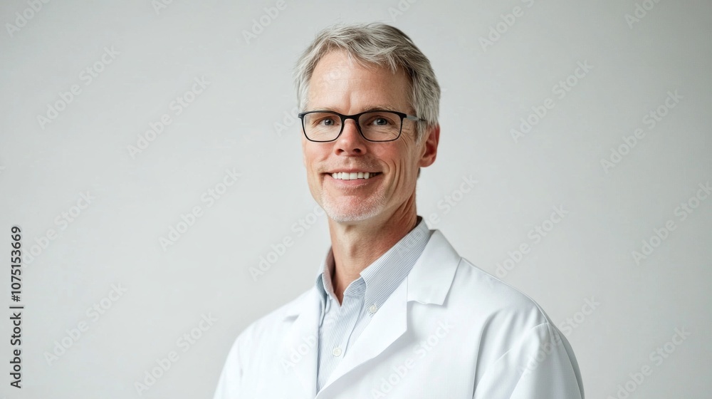 Poster a man in a white lab coat is smiling for the camera