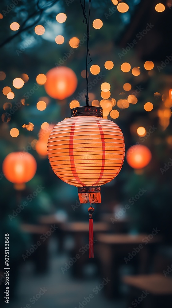 Poster A red and white paper lantern hangs from a tree branch, illuminated by warm light, with blurred lights and a patio setting in the background.
