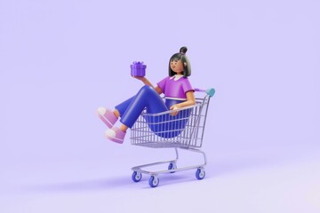 A 3D cartoon girl sits in a shopping cart  holding a gift box.