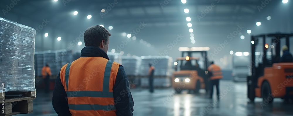 Aufkleber efficient warehouse operations team of workers unloading shipment with forklifts and trucks in brigh