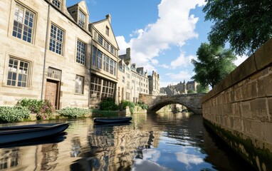 Fototapeta premium A city canal lined with historic buildings, small boats floating on calm waters