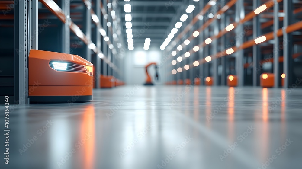 Poster futuristic high-tech warehouse with automated inventory tracking - efficient robotic arms and bright