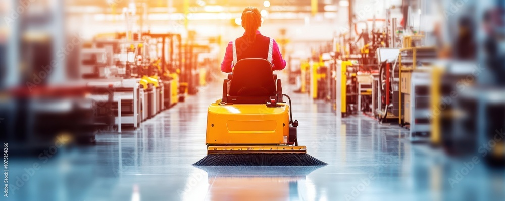 Poster industrial worker using a floor cleaning machine in a factory.