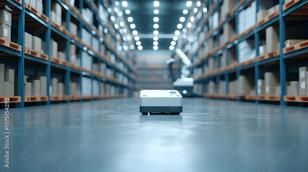 Poster futuristic high-tech warehouse with automated inventory tracking systems - efficient robotic arms an