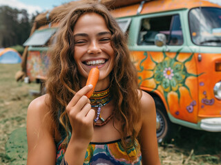 Beautiful happy vegan hippie girl smiling while eating carrot, hippie van in background