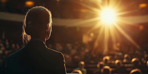 Empowered boss woman strategically plans for success on stage to inspire audiences everywhere