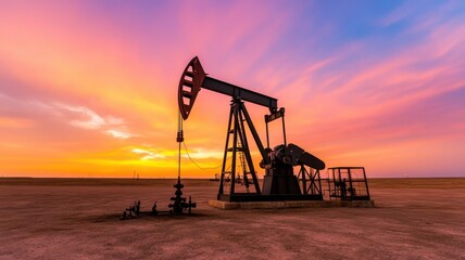 Oil pump against a stunning sunset in an expansive landscape.
