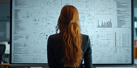 Strategic boss woman analyzes complex plans to drive success in business leadership