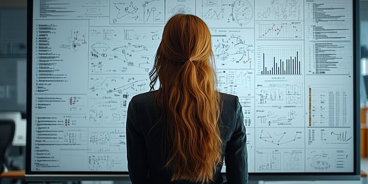 Strategic boss woman analyzes complex plans to drive success in business leadership