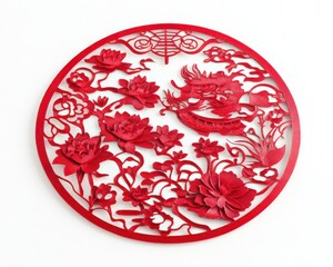 Fototapeta premium Intricate red paper cut artwork featuring floral and dragon motifs, symbolizing prosperity.