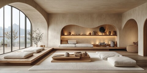 Minimalist living room with a large window, wooden platform, and white cushions.