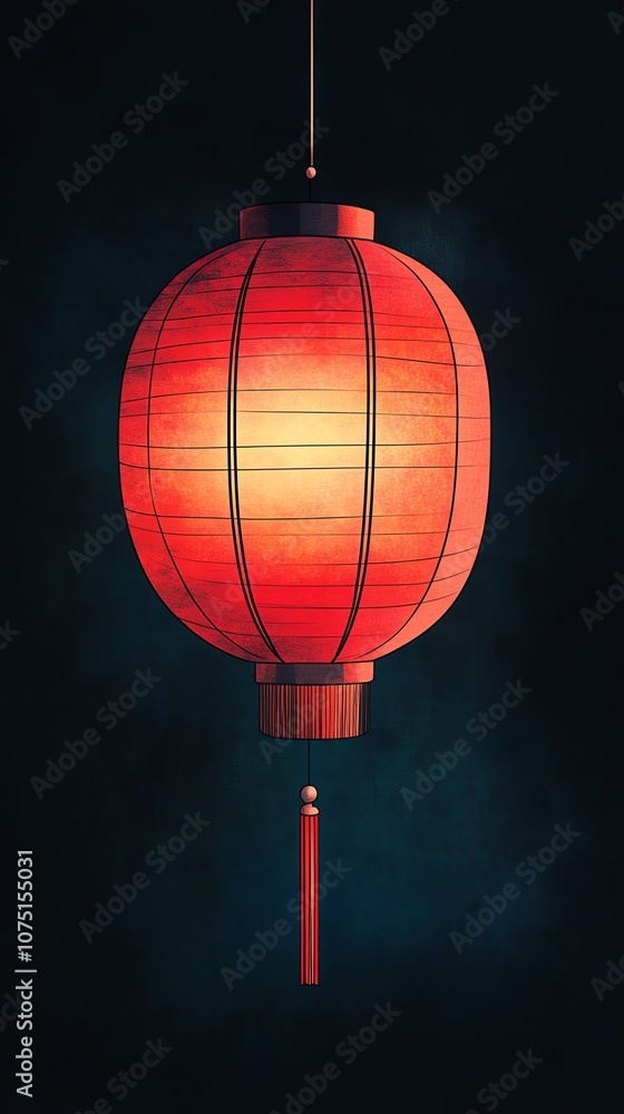 Poster a red chinese lantern with a tassel hanging from a string against a dark background.