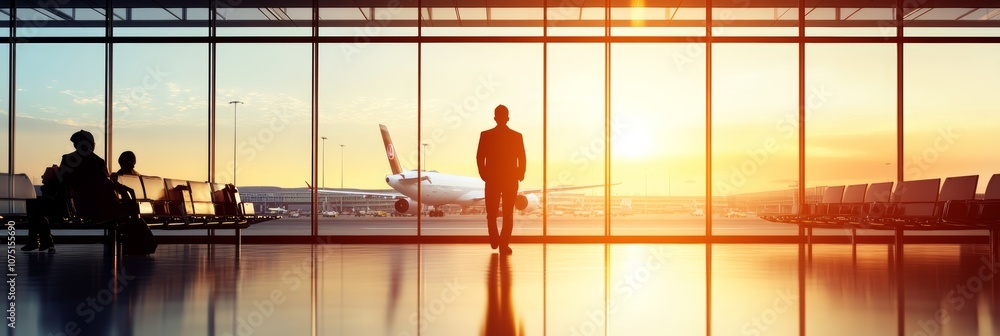 Poster businessman is standing in an airport terminal, watching an airplane taking off outside the windows.