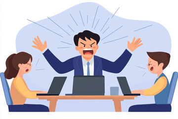 Manager yelling at employees during tense meeting, expressing frustration. scene captures stress and pressure in workplace environment