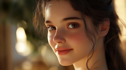 Obraz premium A highly and serene portrait photograph of a young woman with natural skin texture and soft warm lighting Her gentle smile clear eyes and glowing hair create a captivating and inviting atmosphere