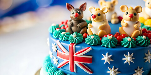 Fototapeta premium Macro Close Up Australian Themed Cake Decoration, Vibrant Colors, Intricate Details, National Pride Symbols, Celebration Inspired, Ample Copy Space, Stock Photo Concept Ideal for Events and Festivitie