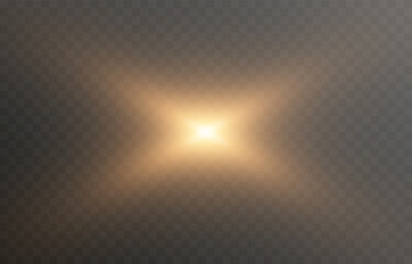 Vector sun light with glare. Golden flash png. Sun rays png. Glare from the sun, dawn, light effect.