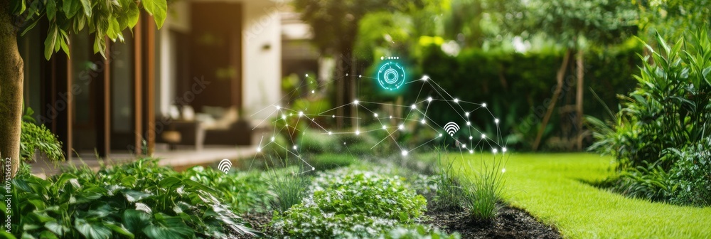 Poster a vibrant smart garden is equipped with automated sprinklers and soil sensors, ensuring optimal wate