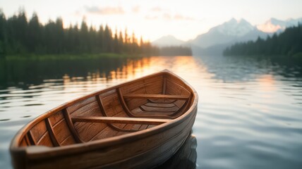 Naklejka premium A serene wooden boat floats on calm waters at sunset, surrounded by lush forests and majestic mountains.