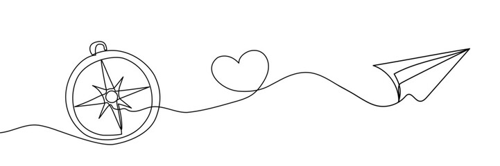 Paper plane and compass composition. Back to school education concept. Continuous one line drawing. Vector illustrations. © Emilia