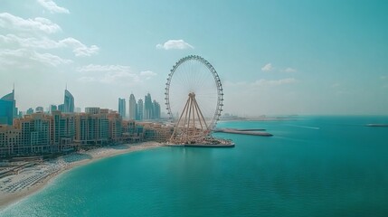 Aerial View of Dubai City with Ferris Wheel and Modern Buildings on the Blue Sea. AI generated illustration