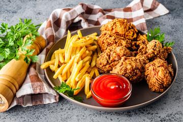 Crispy Fried Chicken with Golden French Fries, Delicious American Fast Food Meal, Hot and Crunchy