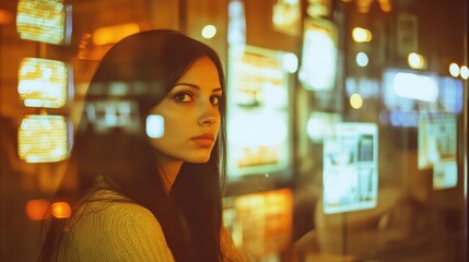 Serious Woman in Tech Room with LED Screens