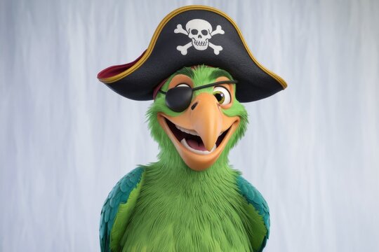 A green parrot wearing a pirate hat and eyepatch  looking playful.
