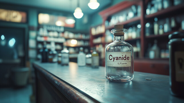 Vintage apothecary interior featuring a cyanide bottle on the counter
