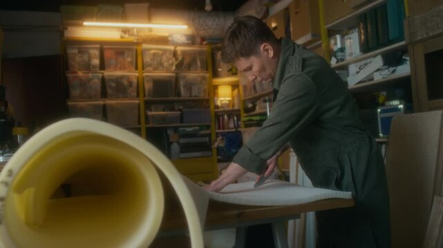 Side full medium shot of middle-aged female artisan in overall cutting polyurethane foam pad with knife for reupholstering and restoring old furniture in garage workshop, copy space