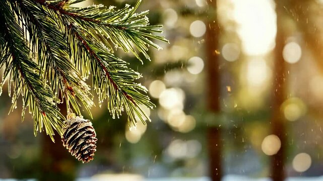 A pine cone hangs from a frosted branch in a wintery forest