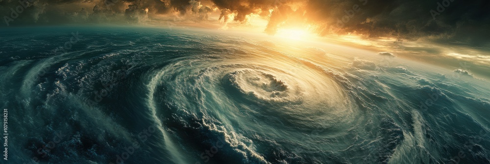 Poster a powerful hurricane intensifies above the ocean’s surface, with dark clouds swirling and sunlight b