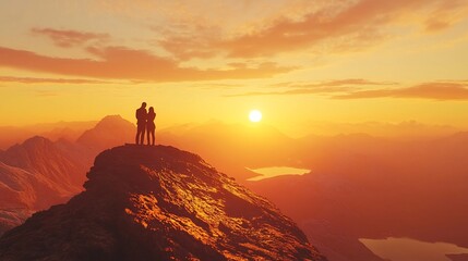 Naklejka premium Romantic Silhouetted Couple Embracing on Scenic Mountain Ridge at Dramatic Sunrise Surrounded by Warm Glowing Sky and Majestic Landscape