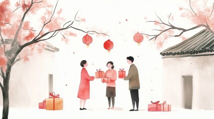 Three people exchanging gifts in an elegant, traditional setting with cherry blossoms.