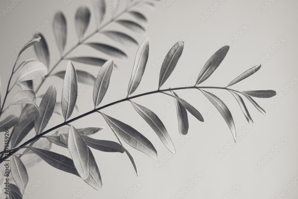 Poster a single branch of leaves against a light background captured in black and white.