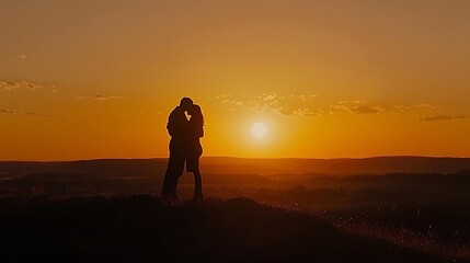 Obraz premium Silhouetted Couple Embracing Atop a Hill During Magical Sunset with Warm Orange Glow Illuminating the Sky Capturing the Essence of Love and Togetherness