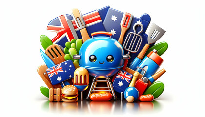 Naklejka premium 3D Glossy Australian BBQ Tools Flags Background Festive Cooking National Pride Iconic Symbolism Vibrant Colors Ample Copy Space Culinary Celebration Australia