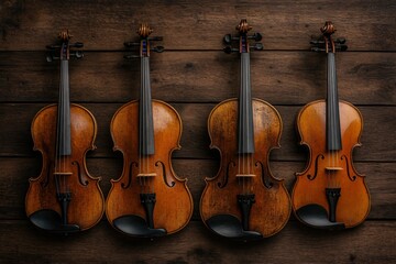 Fototapeta premium Four Classical Violins on Rustic Wooden Background