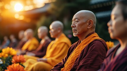 Obraz premium A group of monks meditate together outdoors at sunset, their serene surroundings underscore the sense of spiritual community, reflection, and shared enlightenment.