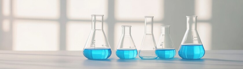 Laboratory glassware with blue liquid in sunlight.